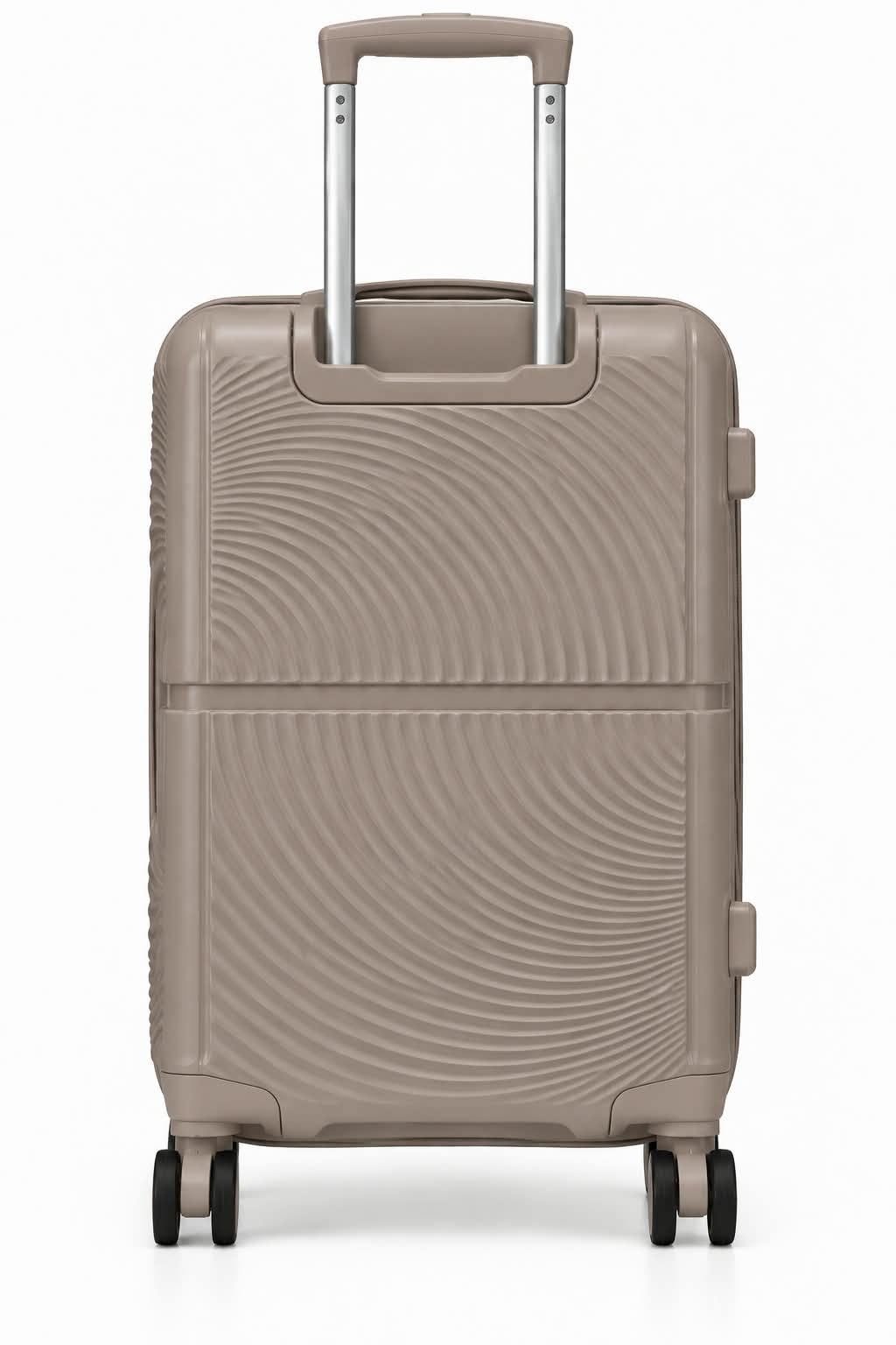 A hard-shell spinner suitcase in a warm taupe-beige color with a distinctive wavy, textured pattern on the front, featuring an extended telescopic handle and four wheels, shown against a plain white background.