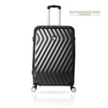 A black and gray hardshell spinner suitcase with a diagonal striped pattern, featuring an extended telescopic handle and four wheels. The Italian flag shield logo is visible on the front.
