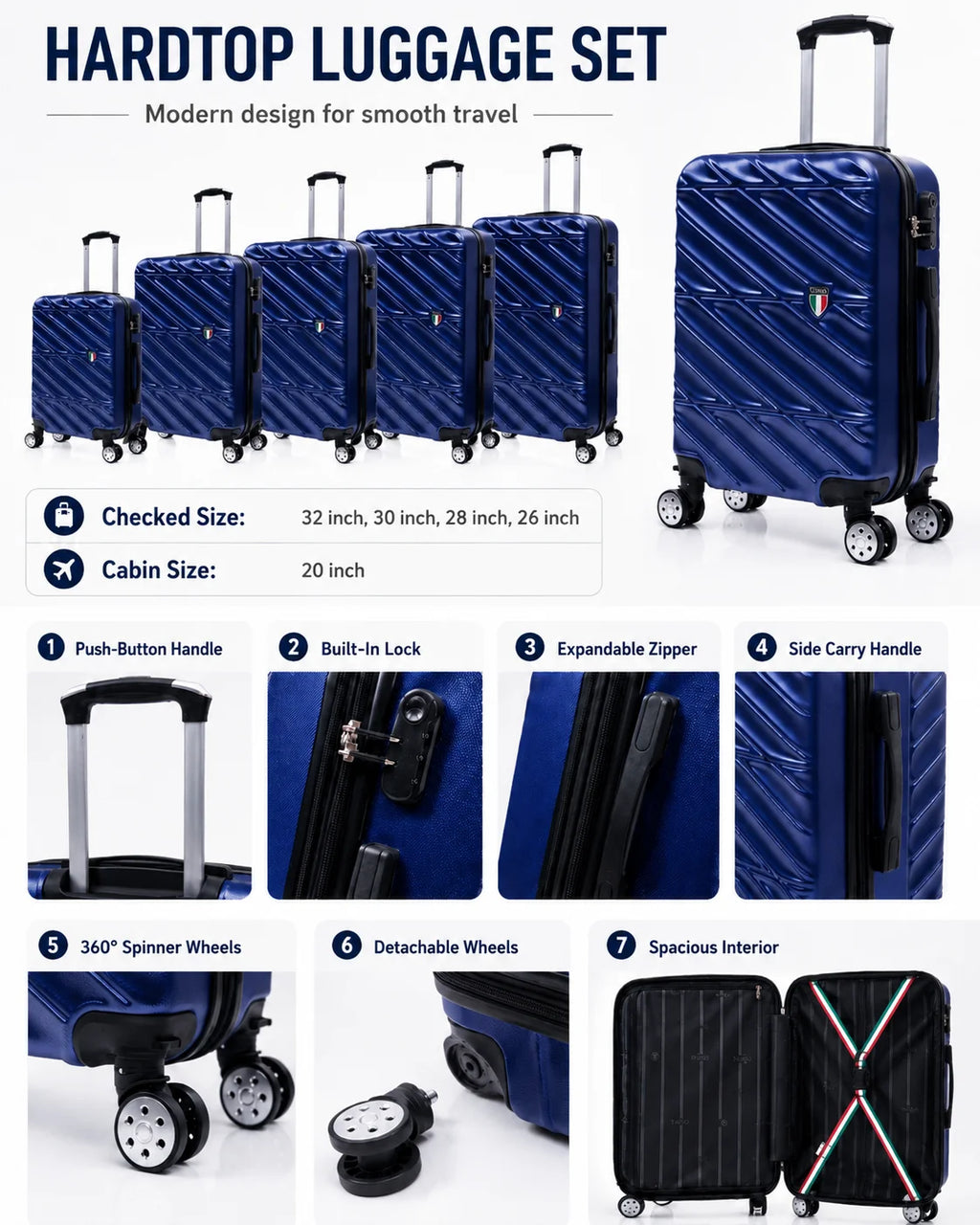 TUCCI Italie SPÉCIALI Ensemble de 4 valises à roulettes pivotantes détachables (51 cm, 71 cm, 76 cm, 81 cm) BLEU