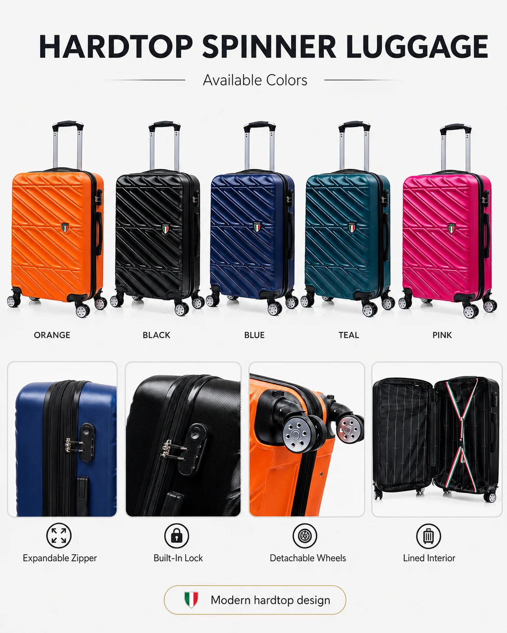 TUCCI Italie SPÉCIALI Ensemble de 4 valises à roulettes pivotantes détachables (51 cm, 71 cm, 76 cm, 81 cm) BLEU